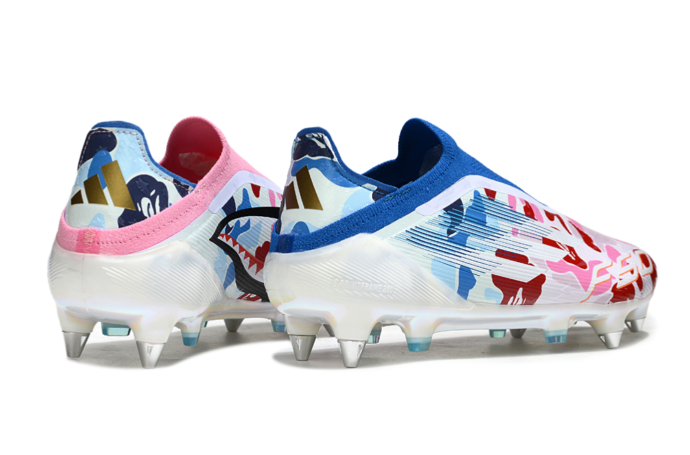 Close-up of Adidas F50 x BAPE Elite SG Laceless heel – featuring BAPE’s iconic ape head logo and Adidas branding.