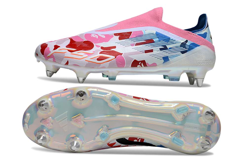 Adidas F50 x BAPE Elite SG Laceless soleplate – metallic finish with SG studs for maximum traction.