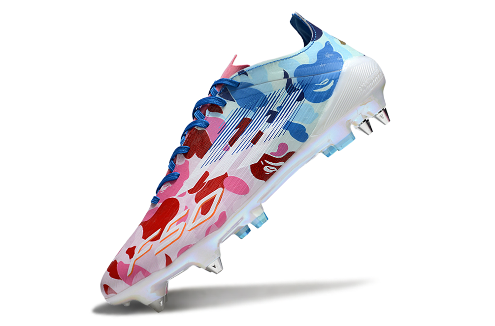 Adidas F50 Elite SG x BAPE Lace heel detail – bold Adidas x BAPE collaboration featuring metallic accents and ape head logo.